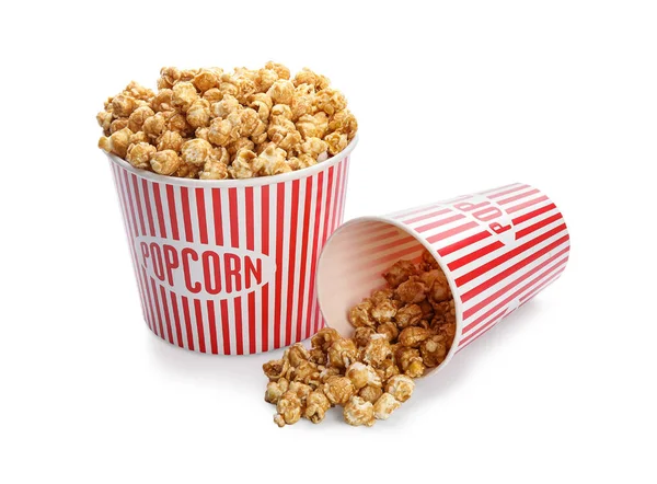 Emmers Van Smakelijke Karamel Popcorn Geïsoleerd Witte Achtergrond — Stockfoto