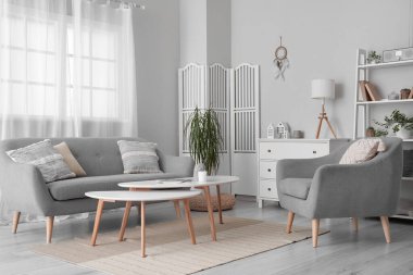 Kanepesi, koltuğu ve ışık duvarında asılı düş kapanı olan modern oturma odası.