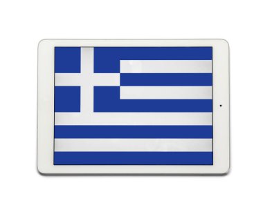 Beyaz arkaplanda Yunanistan bayrağı bulunan tablet bilgisayar