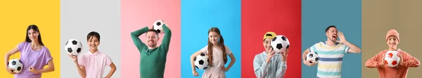 Set Van Mensen Met Voetbal Ballen Kleur Achtergrond — Stockfoto