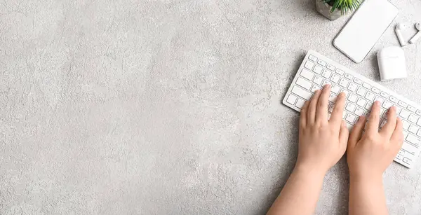 Hands Woman Using Computer Keyboard Light Background Space Text Top — Φωτογραφία Αρχείου