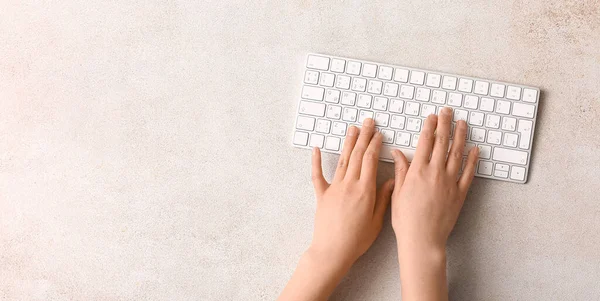 Hands Woman Using Modern Computer Keyboard Light Background Χώρο Για — Φωτογραφία Αρχείου