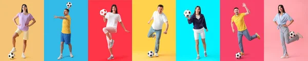 Набор Разных Людей Футбольными Мячами Цветном Фоне — стоковое фото