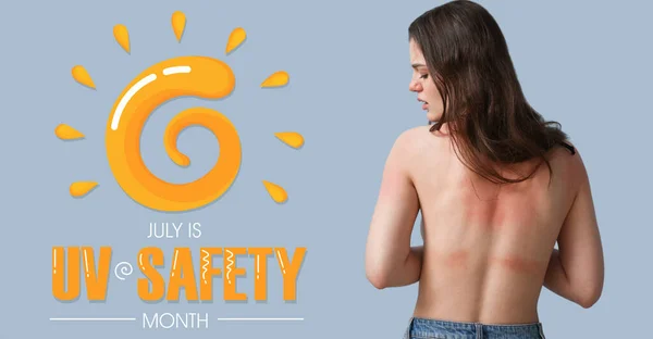 Νεαρή Γυναίκα Ηλιοκαμένο Δέρμα Γκρι Φόντο Banner Για Τον Μήνα — Φωτογραφία Αρχείου