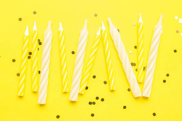 White Birthday Candles Glitter Yellow Background — Stock Photo, Image