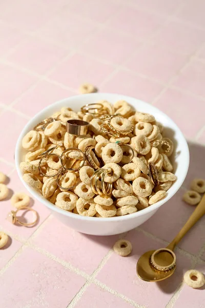 Bowl Cereal Golden Rings Pink Tile Table — Stock Photo, Image