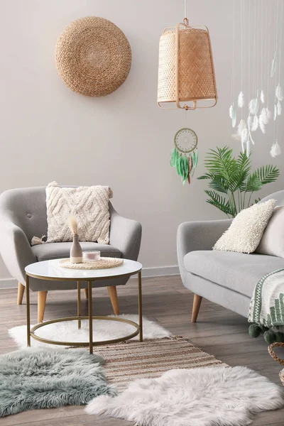 Interior Modern Living Room Sofa Armchair Dream Catcher Hanging Lamp — Stock Photo, Image