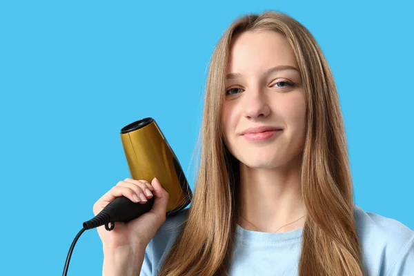 Beautiful Young Woman Hair Dryer Light Blue Background — Stock Photo, Image