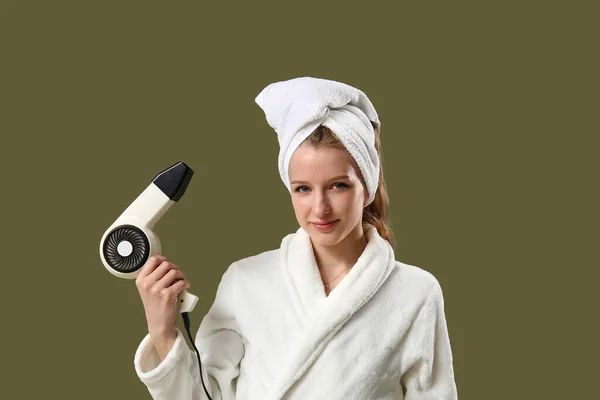 Pretty Young Woman Hair Dryer Color Background — Stock Photo, Image