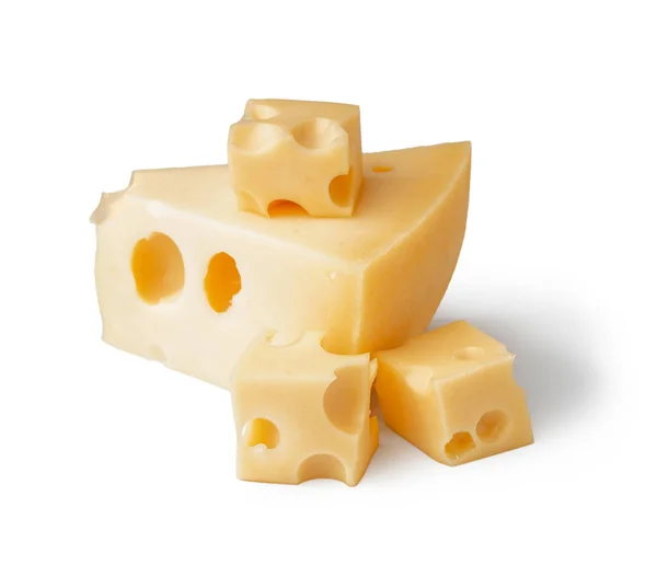 Stück Und Würfel Von Schweizer Käse Auf Weißem Hintergrund — Stockfoto