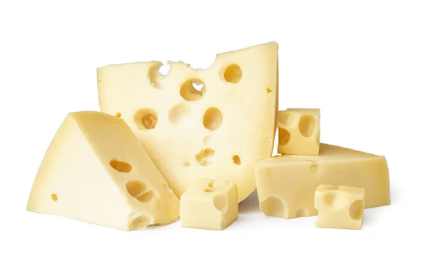 Stücke Und Würfel Von Schweizer Käse Auf Weißem Hintergrund — Stockfoto