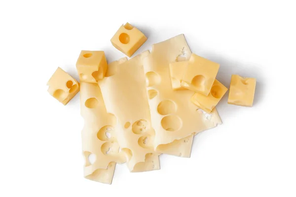 Würfel Und Scheiben Schweizer Käse Auf Weißem Hintergrund — Stockfoto