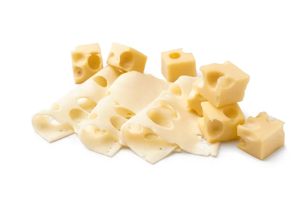 Blokjes Plakjes Zwitserse Kaas Witte Achtergrond — Stockfoto