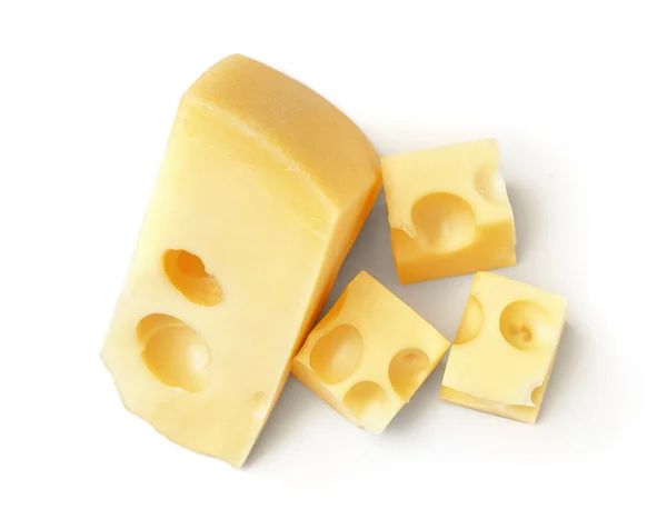 Stück Und Würfel Von Schweizer Käse Auf Weißem Hintergrund — Stockfoto