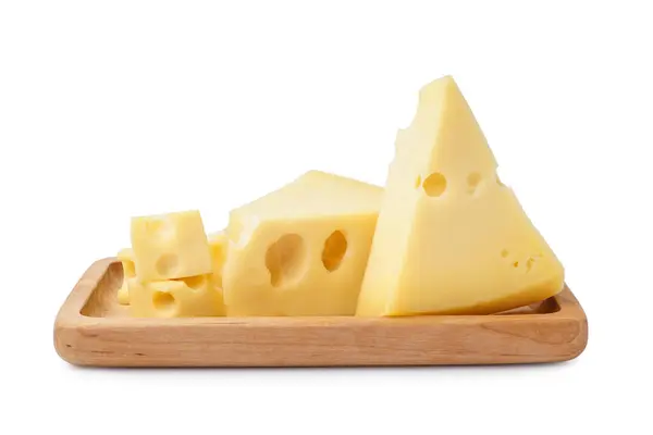 Stücke Und Würfel Von Schweizer Käse Mit Holztablett Auf Weißem — Stockfoto