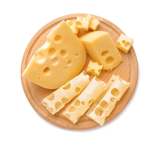 Stücke Und Scheiben Von Schweizer Käse Mit Holzbrett Auf Weißem — Stockfoto