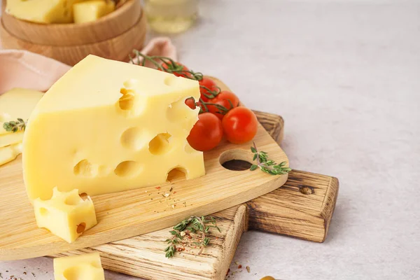 Boards Pieces Swiss Cheese Tomatoes White Table — Stock Photo, Image