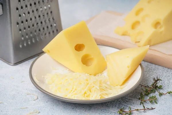 Plate Board Pieces Swiss Cheese White Table — Stock Photo, Image