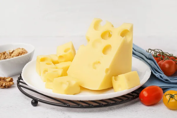 Stand Plate Pieces Swiss Cheese Tomatoes White Table — Stock Photo, Image