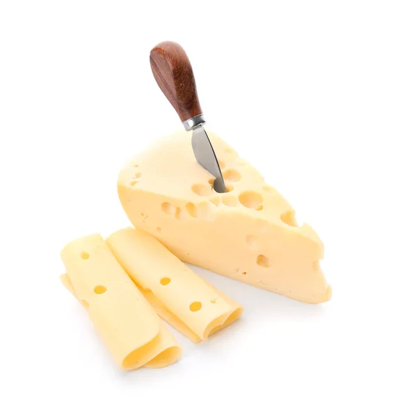 Chutný Švýcarský Sýr Nožem Bílém Pozadí — Stock fotografie