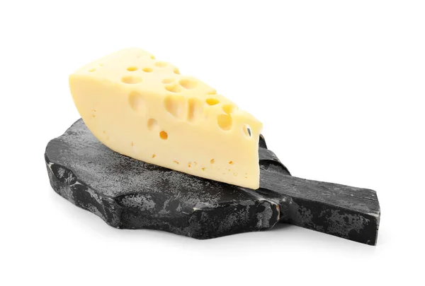 Holzbrett Mit Leckerem Schweizer Käse Auf Weißem Hintergrund — Stockfoto