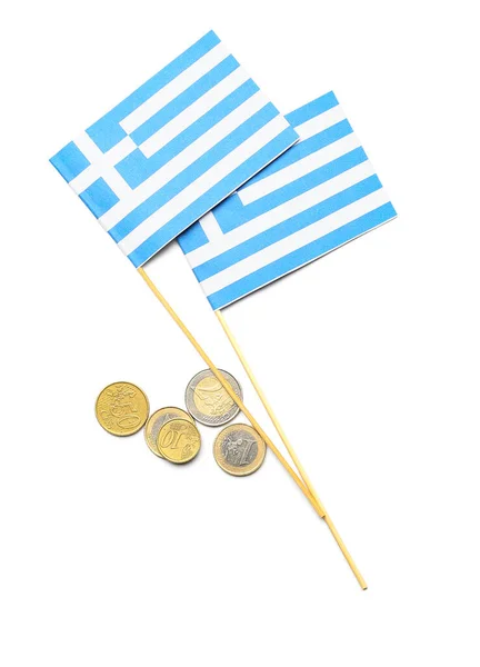 Bandeiras Grécia Moedas Euro Isoladas Sobre Fundo Branco — Fotografia de Stock