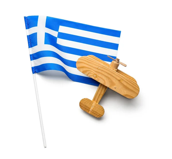 Flagge Von Griechenland Und Holzflugzeug Isoliert Auf Weißem Hintergrund Reisekonzept — Stockfoto