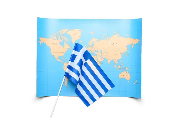 Σημαία Της Ελλάδας Και Παγκόσμιος Χάρτης Απομονωμένος Λευκό Φόντο — Φωτογραφία Αρχείου