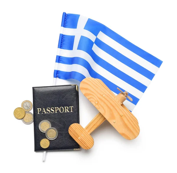 Drapeau Grèce Passeport Pièces Euros Avion Bois Isolé Sur Fond — Photo