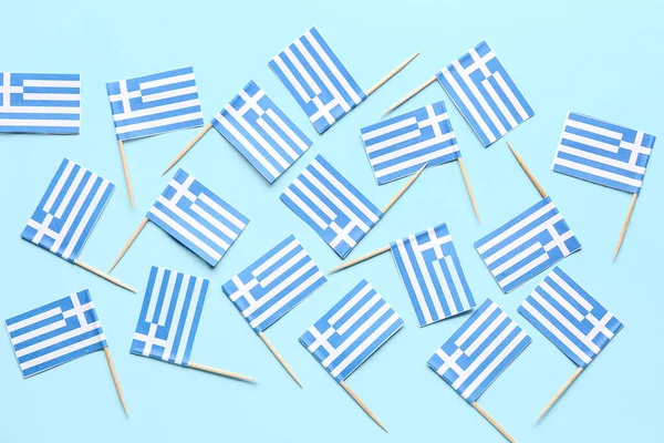 Muitas Bandeiras Papel Grécia Fundo Azul — Fotografia de Stock