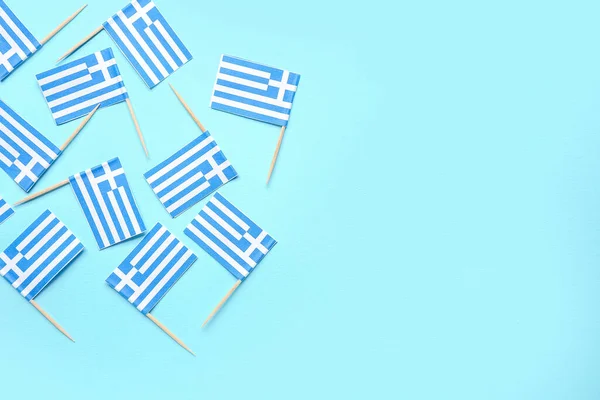 Muitas Bandeiras Papel Grécia Fundo Azul — Fotografia de Stock