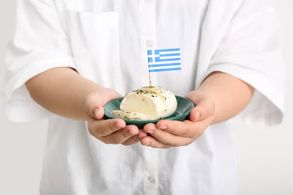 Gazdaság Lemez Mozzarella Sajt Zászló Görögország Fehér Alapon — Stock Fotó