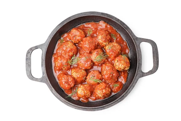 Frying Pan Tasty Meat Balls Tomato Sauce Dill White Background — Stock Photo, Image