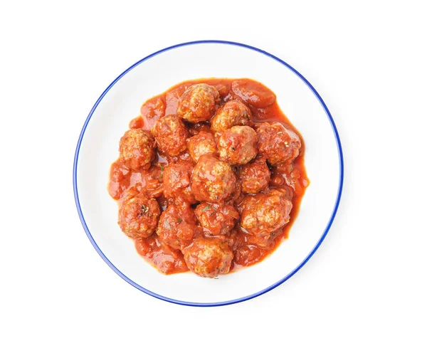 stock image Bowl of tasty meat balls with tomato sauce on white background