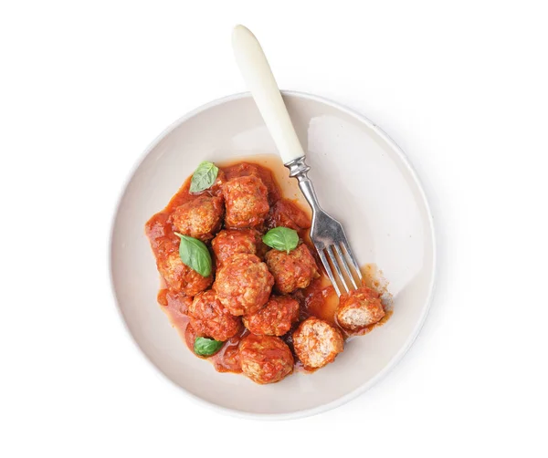 Plate Tasty Meat Balls Tomato Sauce Basil White Background — Stock Photo, Image