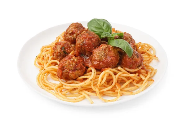 Plate Boiled Pasta Tomato Sauce Meat Balls White Background — Stock Photo, Image