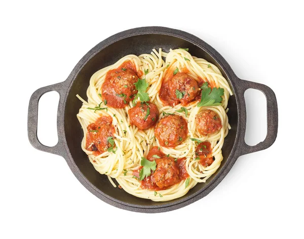 Frying Pan Boiled Pasta Tomato Sauce Meat Balls White Background — Stock Photo, Image