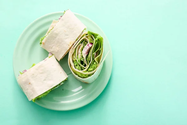 Plate Tasty Lavash Rolls Onion Greens Turquoise Background — Stock Photo, Image