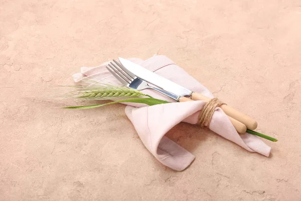 Cutlery Spikelet Tied Napkin Brown Grunge Table — Stock Photo, Image