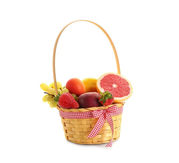 Wicker Basket Different Fresh Fruits White Background — Stock Photo, Image