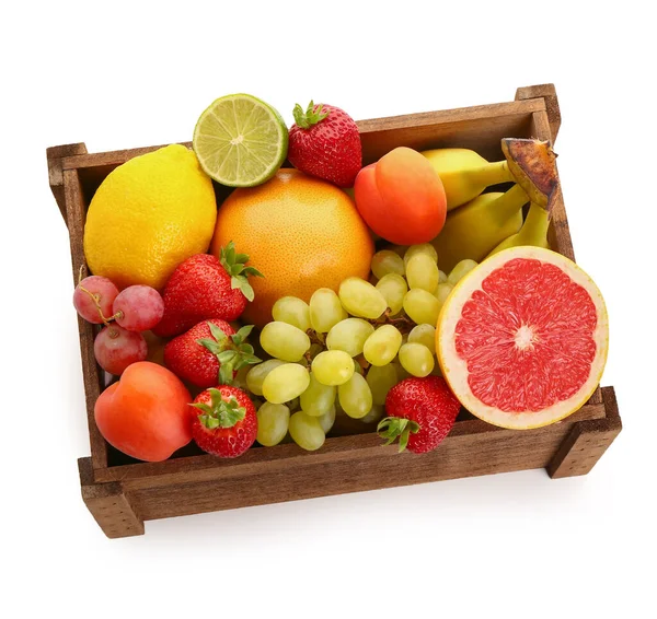 Caixa Madeira Com Diferentes Frutas Frescas Fundo Branco — Fotografia de Stock