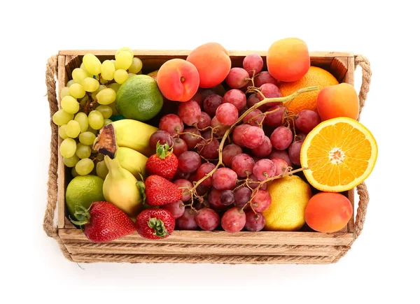 Houten Doos Met Verschillende Verse Vruchten Witte Ondergrond — Stockfoto