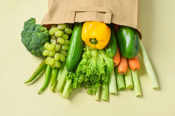 Paper Bag Fresh Vegetables Fruits Beige Background — Stock Photo, Image