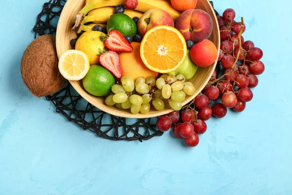 Bowl Different Fresh Fruits Blue Background — Stock Photo, Image