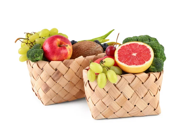 Wicker Baskets Different Fresh Fruits Vegetables White Background — Stock Photo, Image