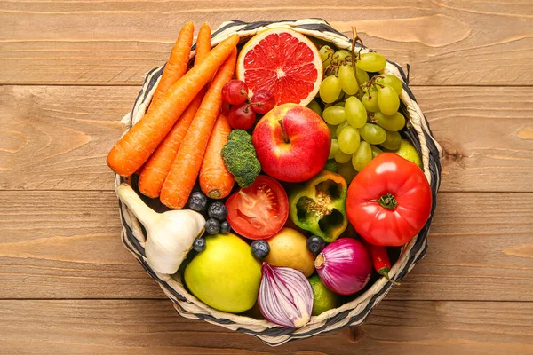 Wicker Bowl Different Fresh Fruits Vegetables Wooden Background — Stock Photo, Image