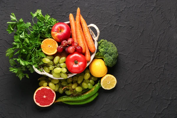 Wicker Basket Different Fresh Fruits Vegetables Black Background — Stock Photo, Image