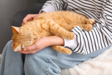 Tatlı kızıl kedili kadın evde oturuyor, yakın plan.