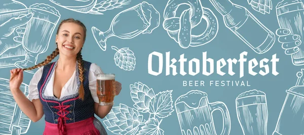 Banner För Oktoberfest Med Ung Servitris Som Håller Kall — Stockfoto