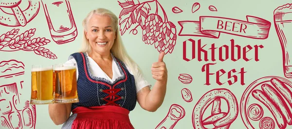 Banner För Oktoberfest Med Servitris Som Håller Kall — Stockfoto